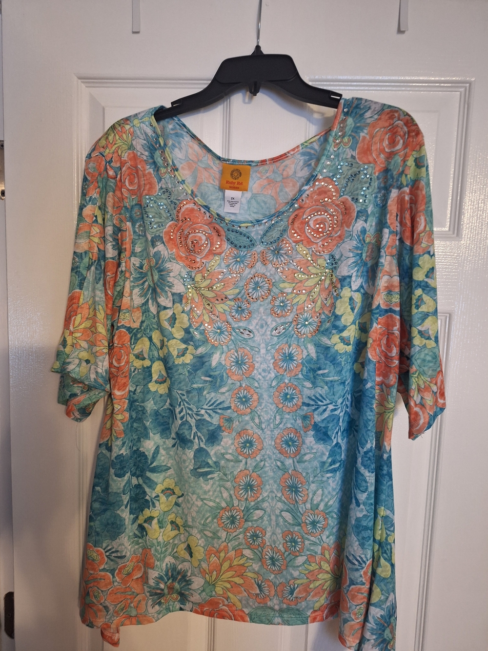 Ruby Rd. Floral Scoop Neck Tunic - Teal, Coral & Yellow